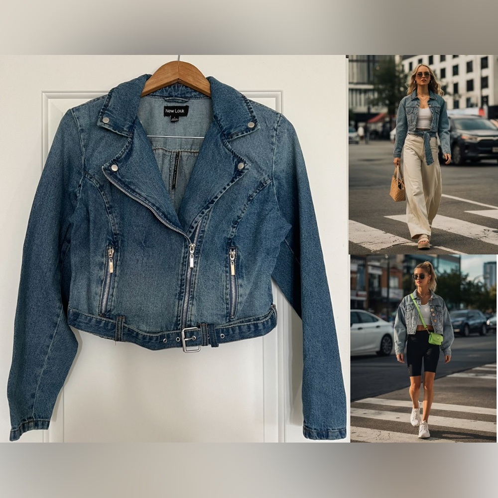 New Look Mid Wash Denim Belted Motorcycle Jean Jacket 100% Cotton